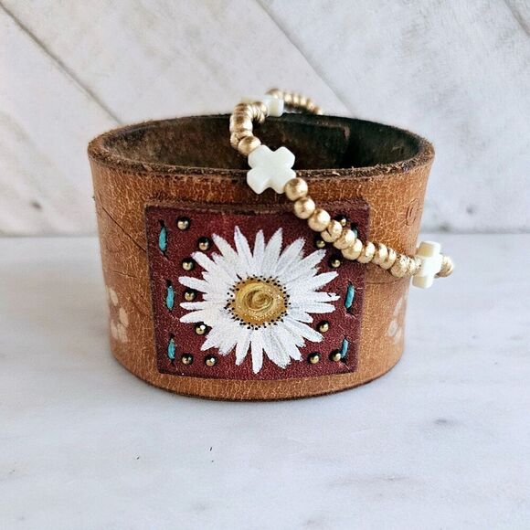 Jewelry - Daisy Patch Handmade painted cuff made from upcycled leather belts!